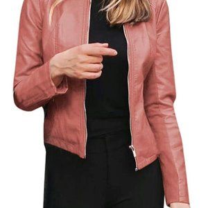 Womens Pink Faux Leather Biker Jacket